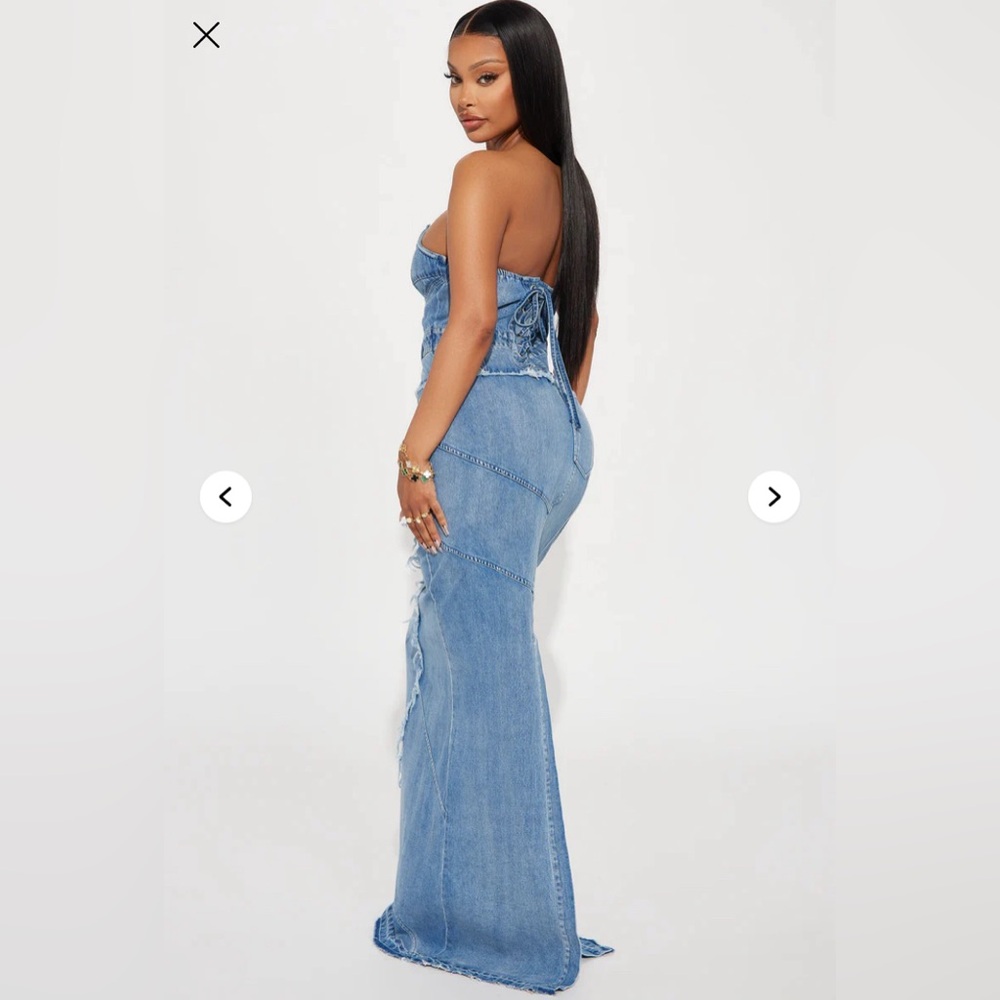 NWT Fashion Nova Delilah Denim Maxi Dress Med Strapless Corset Bustier Stretch - Picture 4 of 14